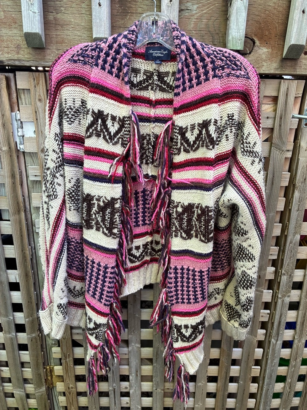 American Eagle Outfitters Pink Cream Brown Striped Fringe Cardigan